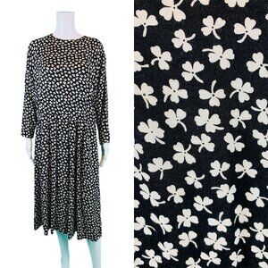 Vintage 1990s Dress Women's Extra Large Clover Print Black White Rayon